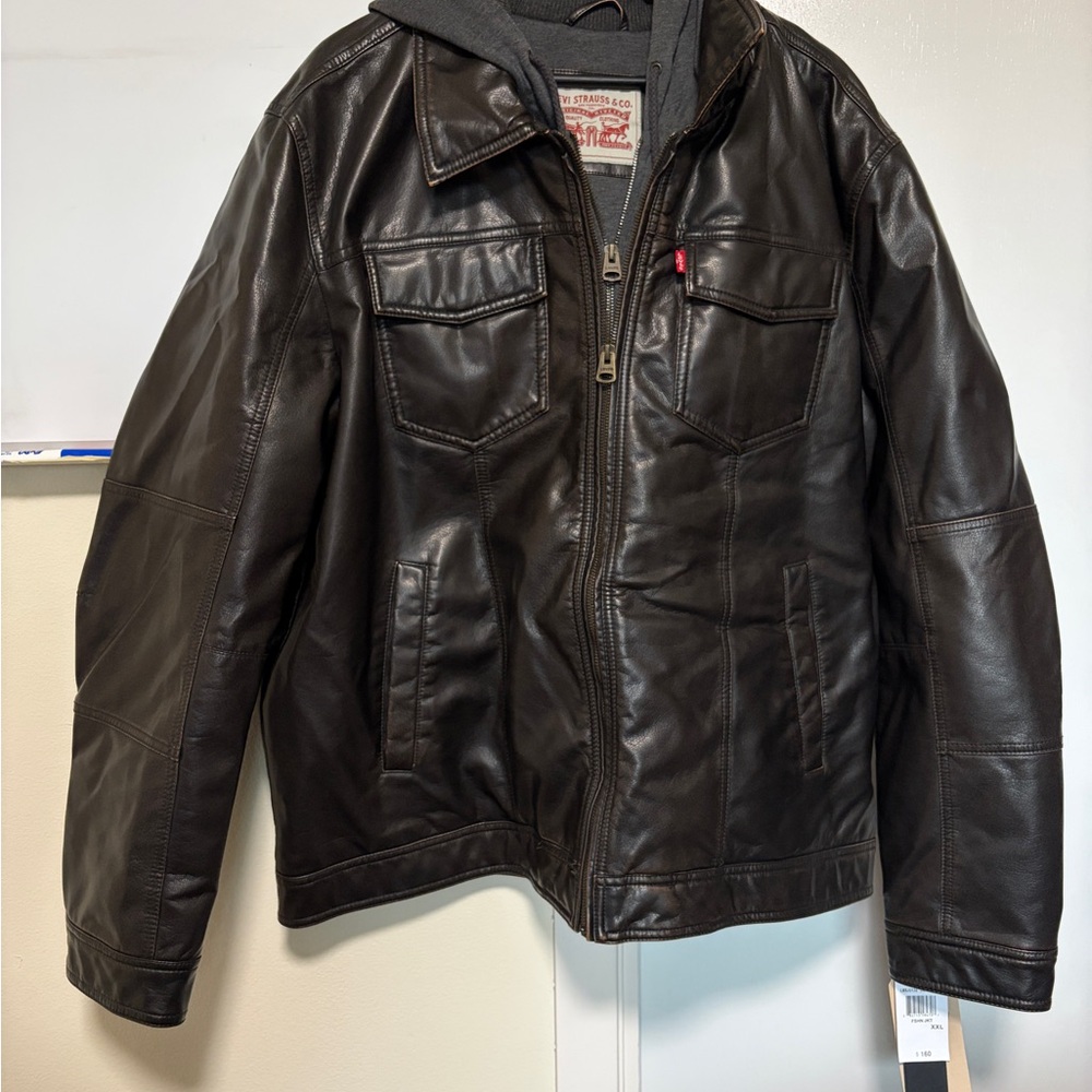 Levi's Men's XXL Brown Faux Leather Full Zip Bomber Jacket Solid Fleece Lined